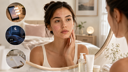 Femeie analizând acneea în oglindă, produse skincare