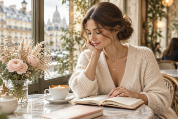 Femeie elegantă într-o cafenea luminoasă, concentrată pe un caiet deschis, lângă o ceașcă de cappuccino și un buchet mic de flori