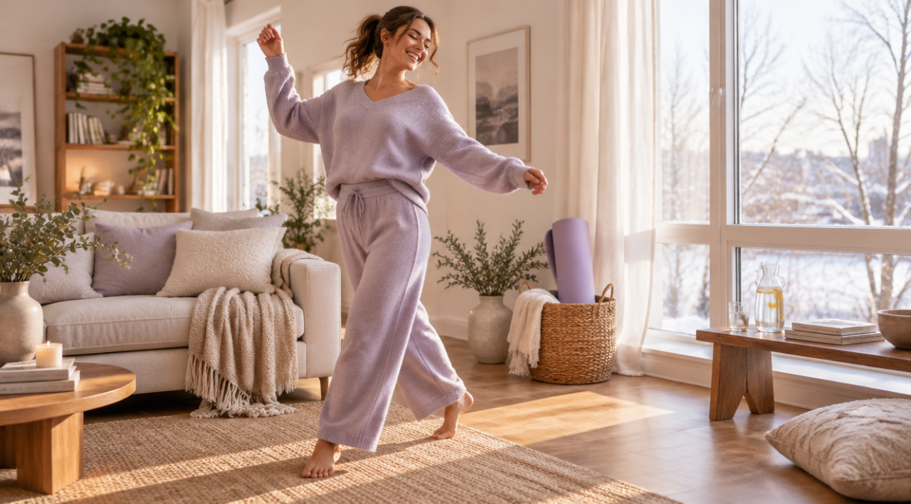 Femeie zâmbitoare care dansează descalță într-o sufragerie luminoasă, într-un trening ușor de culoare lavandă, cu un covoraș de yoga și o cană pe masă