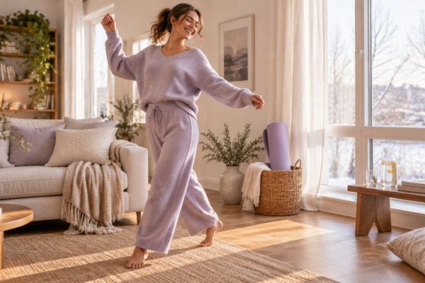 Femeie zâmbitoare care dansează descalță într-o sufragerie luminoasă, într-un trening ușor de culoare lavandă, cu un covoraș de yoga și o cană pe masă