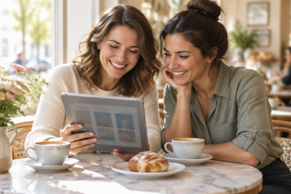 Două prietene la o masă de cafenea, una arată alteia un telefon cu o carte deschisă